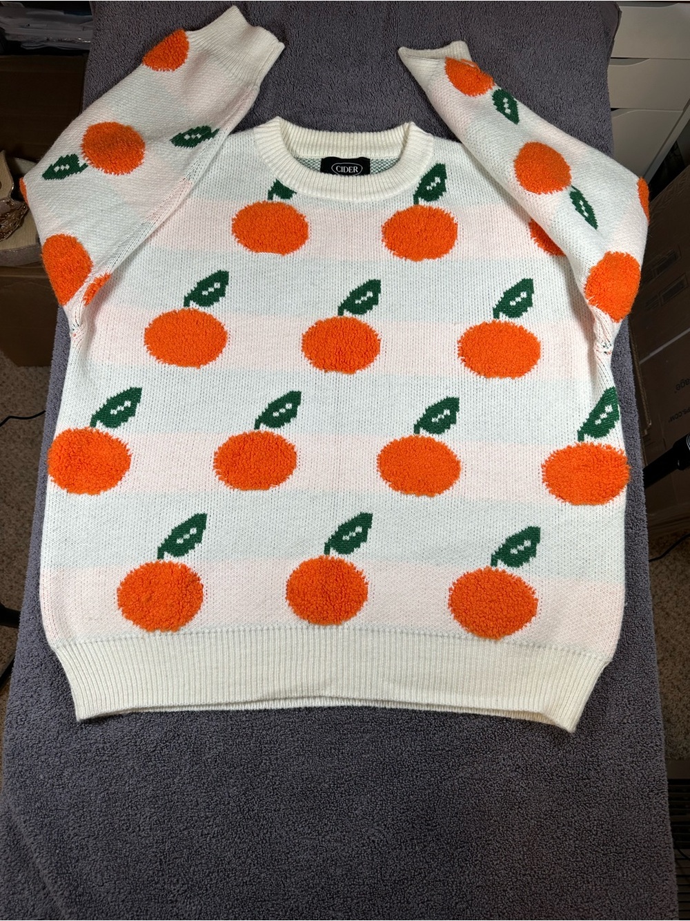 CIDER Viral Orange Fruit Sweater Women’s M Fuzzy Knit Cream Fall Cottagecore